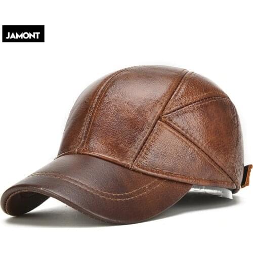 Men Real Cowhide Leather Earlap Caps Male Fall Winter 100% Real Cow Leather Hats New Casual Real Leather Outdoor Baseball Cap