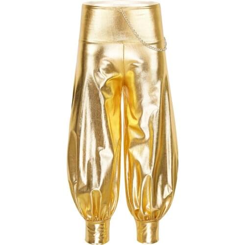 Kids Girls Shiny Metallic Elastic High Waist Chain Loose Harem Pants Hip Hop Trousers Performance Jazz Dance Costume Streetwear