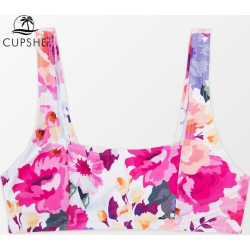 CUPSHE Pink Floral Square Neck Bikini Top Only For Women Sexy Removable Padded Back Hook Tank Top 2021 Separate Swimsuit Bra Top