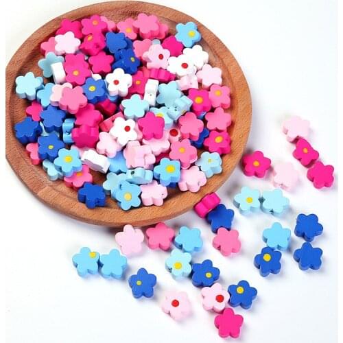DIY 15mm Wood Flower Beads Colorful Loose Spacer Charms Jewelry Findings Mixed Color Kids Wooden Beads for Bracelet 50Pcs/Lot