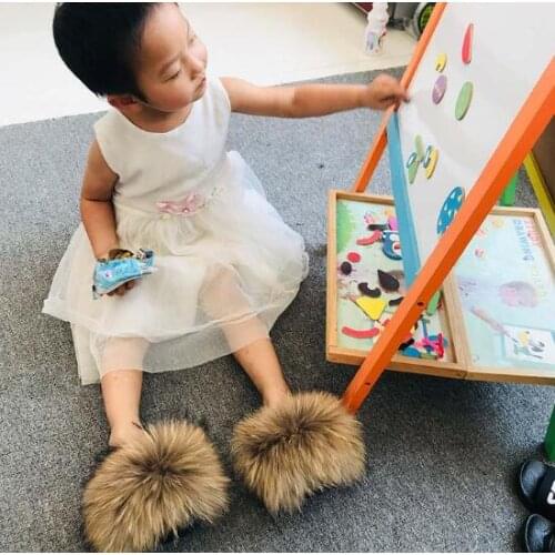 2020 Children Summer Fur Slides Fluffy Fur Slippers Baby Girl Non-slip Shoes Flat With Baby Shoes Cute Furry Slides Warm Shoes