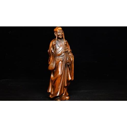 Home Decor 8" China Collection Old Boxwood Long-browed Arhat Buddha Carved long eyebrow Luohan holding scroll book