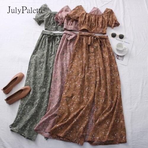 JulyPalette Bohe Floral Two Piece Sets 2021 Summer Women Short Sleeve Top High Waist Lace up Wide-leg Pants Casual Beach Suit