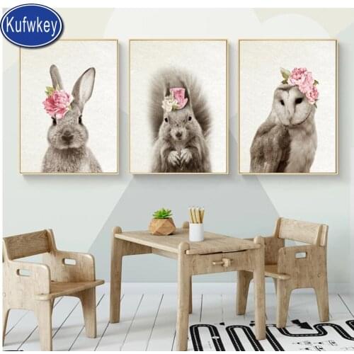 Cute Animals With Flowers diamond painting full square round drill Rabbit Nordic Bunny Picture Kids Baby Girls Room Home Decor