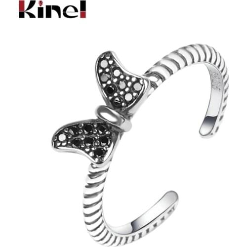 Kinel S925 sterling silver ring jewelry street hot retro personality trend cute butterfly black zircon opening adjustable women