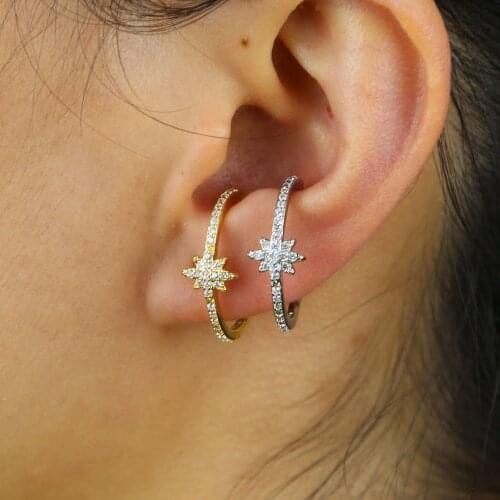 No piercing women earring micro pave cz north star starburst ear cuff clip on earring