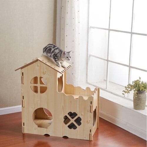 Splicing Multi-function Cat Wood House Large Space Wooden Strong Scratch Resistant Unique Doors Windows Design Pet Cat Nest