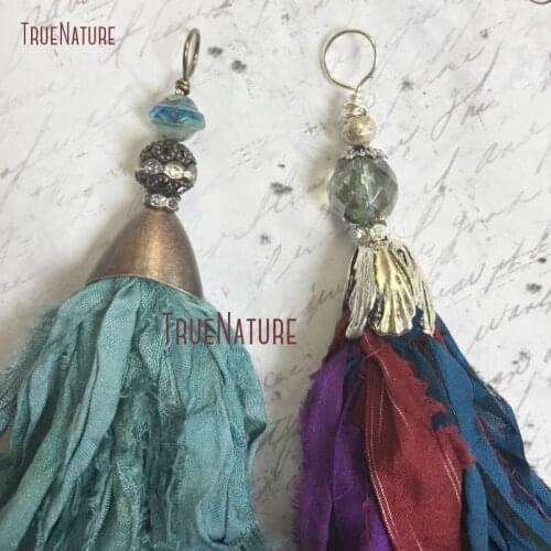 Multi Color Purple Emeralds Or Turquoises Sari Silk Bohemian Pendant Antique Silver Bronze Tulip Tassel Cap Pendant TPO14389