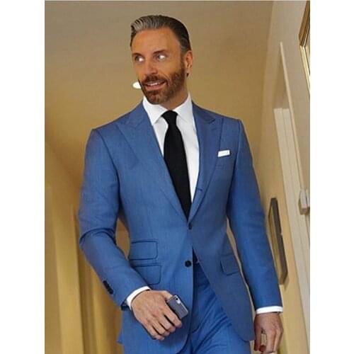 Fashionable Two Buttons Blue Groom Tuxedos Peak Lapel Groomsmen Mens Wedding Suits Blazers (Jacket+Pants+Tie) W:615