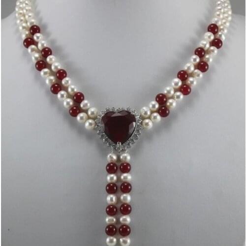 Fashion design metal silver plated 2 rows 7-8mm white natural pearl + Ruby heart-shaped Necklace