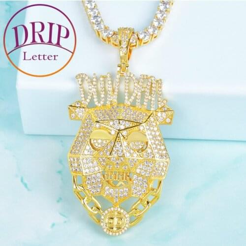 Animal Lion Head Pendant Gold Color Bling Cubic Zircon Mens Hip Hop Necklace Rock Jewelry