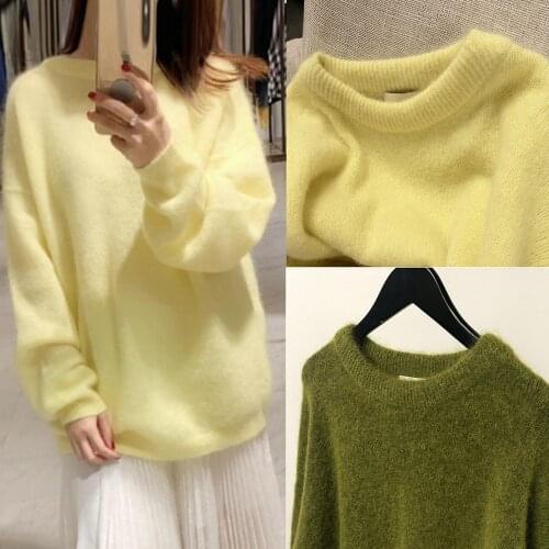 2020 autumn yellow woman elegant mohair wool sweater new round neck puff sleeve warm clothes knit sweater loose pullover women