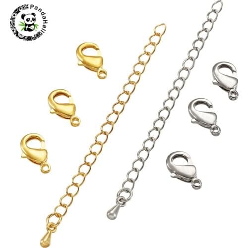 Pandahall 1 Set Brass Lobster Claw Clasps & End with Extender Chains & Drop Charms for Jewelry Findings Platinum & Golden