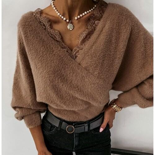 Sexy Patchwork Flannel Sweater Lace High Waist V-neck Pullover Nightclub Club Winter Comfort Sweaters for Women 2021