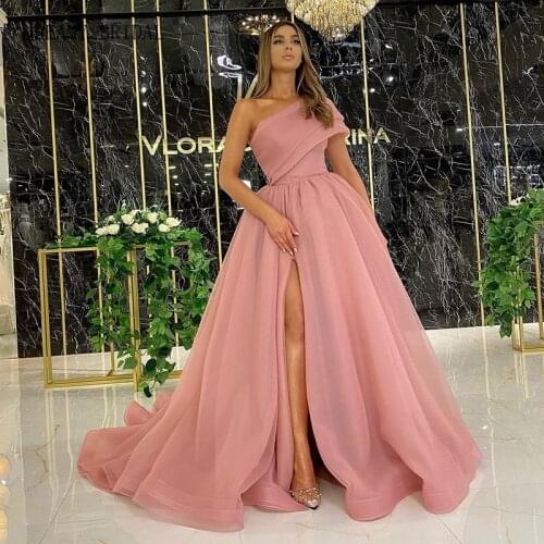 DREAMY BRIDAL Pink Slit Prom Dresses One Shoulder Organza A Line Party Gowns