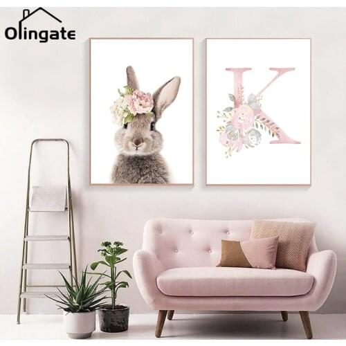 Pink Flower Wall Art Canvas Painting Pictures Baby Posters Personalized Girls Name Custom Poster Nursery Prints Baby Room Deco