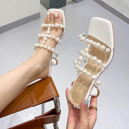 One-Word Roman Sandals Summer New Fashion All-Match Square Toe Mid-Heel Slippers Large Size 35-41 Womens Shoes