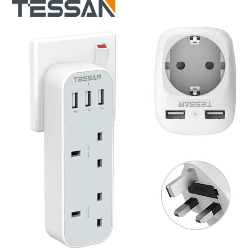 TESSAN Multi Sockets UK Power Strip with 2 Way Outlets 3 USB Ports Wall Charger Sockets Adapter Power Extender for Home Office