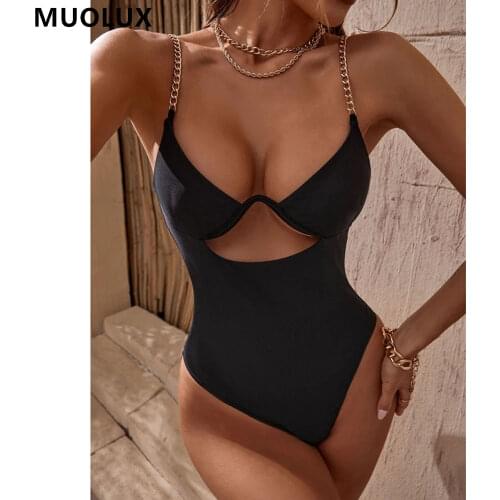 One Piece Swimsuit 2021 New Arrival Women Swimwear Golden Chain Shoulder Strap Hallow Out Cheecky Cut Bodysuit Female Beachwear
