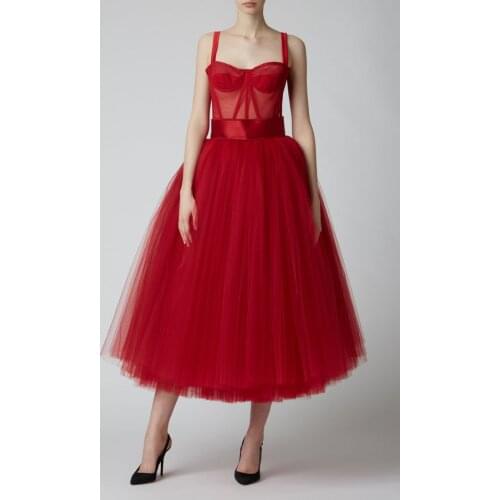 Tea Length Tulle Prom Dresses 2021 Spaghetti Straps Formal Evening Party Dress vestidos de gala