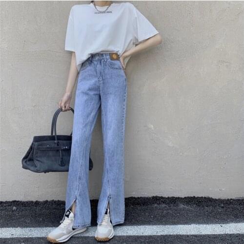 2021 spring split jeans women look thin and drape loose smiley face micro-horn mopping pants
