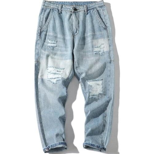 High quality men heavy washed blue jeans mans loose fit casual jean oversize trousers