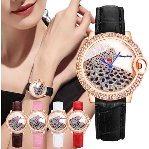 Ladies Exquisite Luxury Leopard Rhinestone Watches Women Leather Strap Quartz Wristwatches Clock Gifts Zegarek Damski