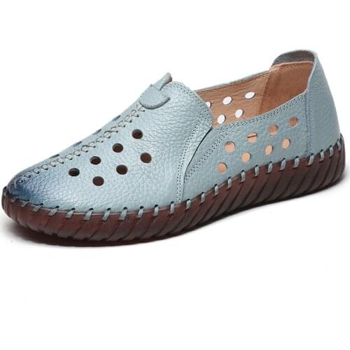 Autumn Round Toe Genuine Leather Flats For Women Comfortable Summer Hollow Out Loafers Platform Flat Shoes Female Handmade PW151