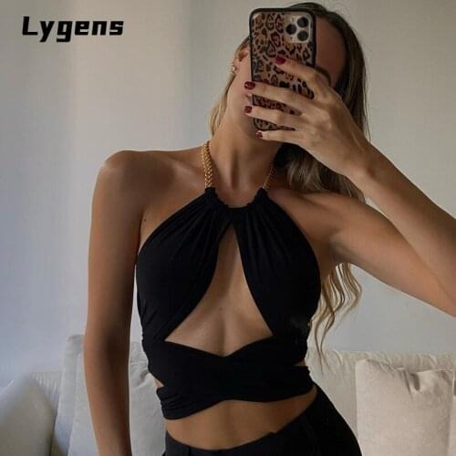 Lygens Halter Sleeveless Halter Bandage Crop Top 2021 Hollow Out Summer Chain Trendy Tanks Ladies Streetwear Club Party Clothes