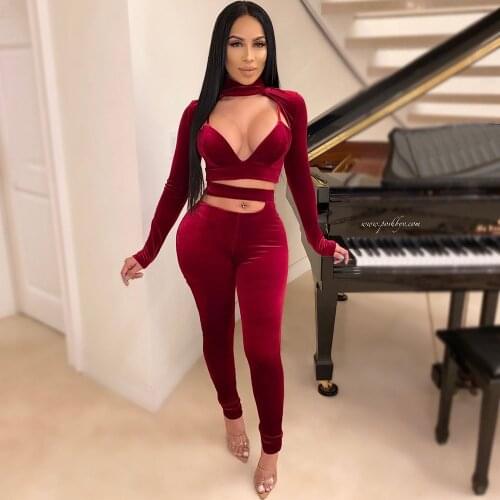 Autumn Winter Velvet 3 Piece Set Womens Set Clothes Long Sleeve Crop Top + Bra + Pants Sexy Three Piece Set Night Club Outfits