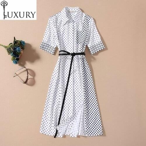 High 2020 Quality Summer Women Turn-down Collar Polka Dot Print Chest Pocket Deco Short Sleeve Mid-Calf Long Shirt Dress