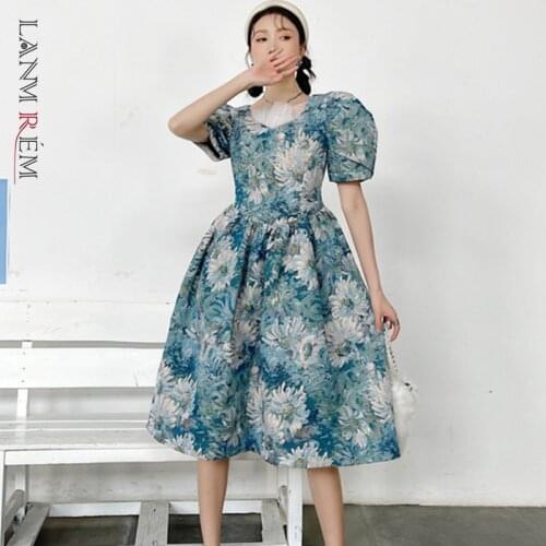 LANMREM Puff Sleeve Vintage Dress For Women 2021 Summer Printed Round Neck Blue Floral Dresses Female 2D3792