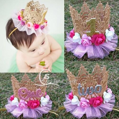 15pcs /lot Beautiful Girl Hair Accessory tulle ballerinas flower with golden lace crown center headbands