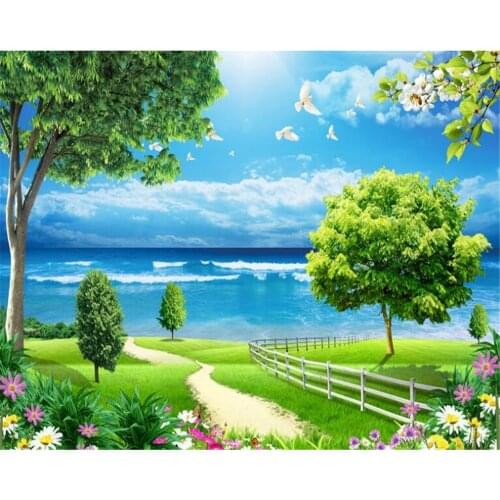 Beibehang 3d wallpaper landscape picture blue sky white clouds trees flowers landscape living room bedroom TV mural wallpaper 3d