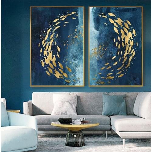 Abstract Gold Fish Chinese Canvas Painting Big Blue Poster Print Luxurious Wall Art For Living room Aisle Gold tableaux Picture