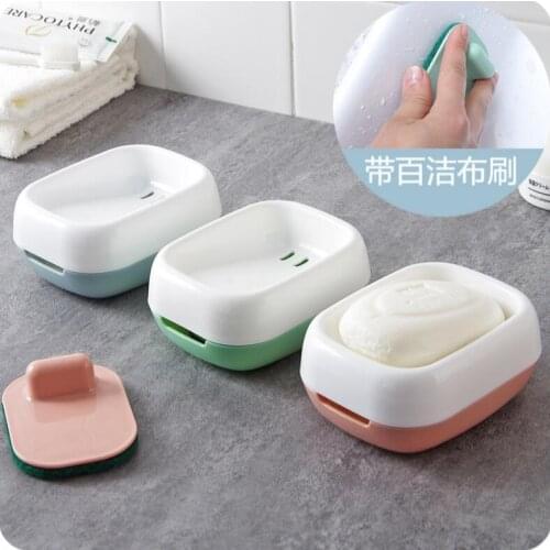 Bathroom Accessories Creative With Cleaning Brush Soap Box Household Portable Soap Dish Plastic Double Drain Soap Holder