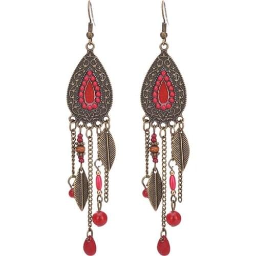 Bohemian Gypsy Beads Drop Leaf Chain Tassel Dangle Earring Tibetan Women Boho Gypsy Festival Jewelry