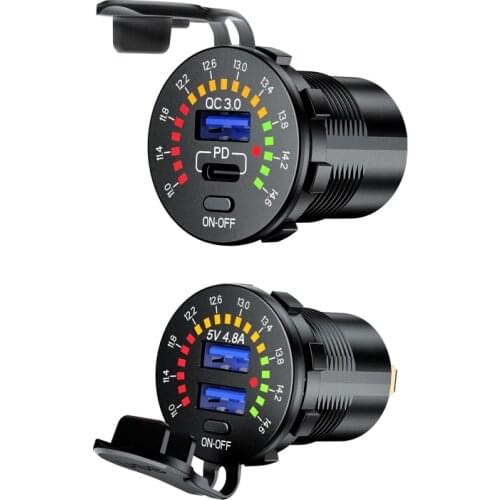 12V Quick Charge 3.0 USB SUV Car Charger Waterproof 18W Type C PD Outlet Fast Charger with LED Voltmeter ON OFF Power Switch