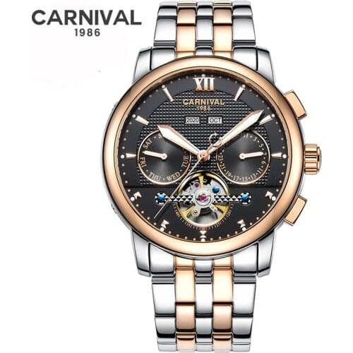 Carnival Automatic Mechanical Watches Sports Men Full Steel Luxury Watch with Perpetual Calendar Display Luminous relogios 2021