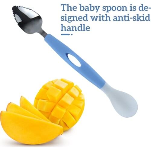 Kids Spoon 2-Ended Baby Feeding Training Spoon Stainless Steel Serrated Fruit Scraping Utensil Feeding Training Spoon Set
