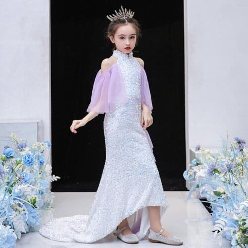 Sexy sequins stitching evening dress Mermaid Catwalk princess dress for girls kids clothes birthday party dress vestidos L333