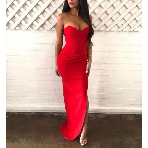 Elegant Long V-Neck Red Evening Dresses with Slit Mermaid Corset Back Satin Sleeveless Abendkleider Robes De Soirée for Women