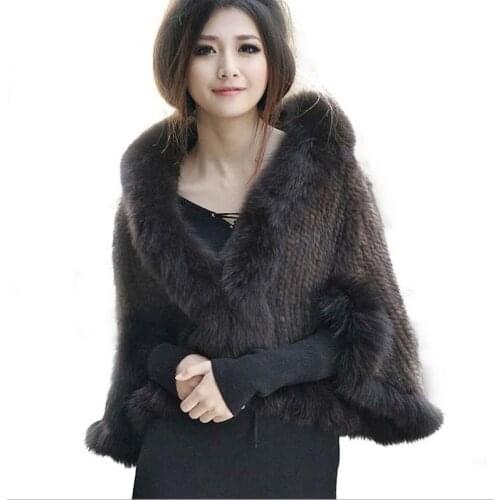 HARPPIHOP New Genuine Knit Mink Fur Shawl Poncho With Fox Trimming Real Mink Fur Jacket Fashion Women 2016 Style Mink Fur Coat