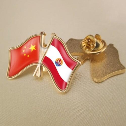 China and French Polynesia Crossed Double Friendship Flags Lapel Pins Brooch Badges