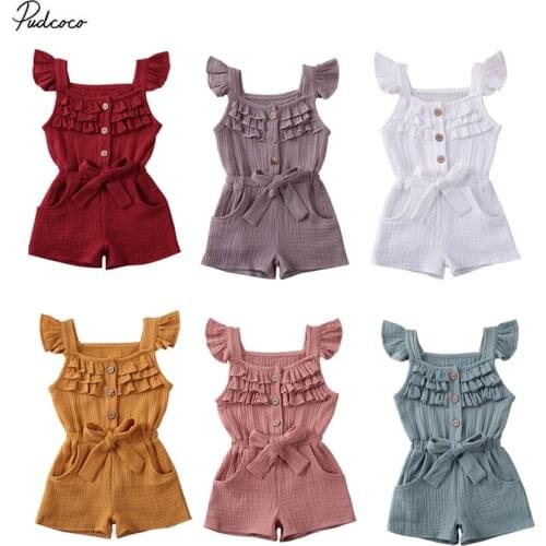 2020 Baby Summer Clothing Newborn Toddler Baby Boy Girls Romper Fly Sleeve Sunsuit Solid Outfit Clothes Elastic Waist Playsuit