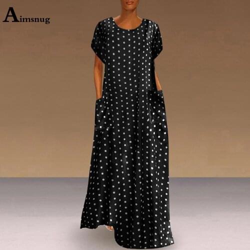 Aimsnug 2021 Summer Ladies Elegant Long Maxi Dress Patchwork Pockets Bohemian Dot Dresses Plus size 5XL Women Casual Beach Dress
