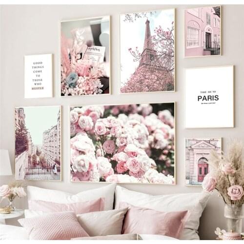 City Building Scenery Poster Wall Art Canvas Print Modern Pink Flower Picture Home Decor Painting Nordic Poster for Dormitory