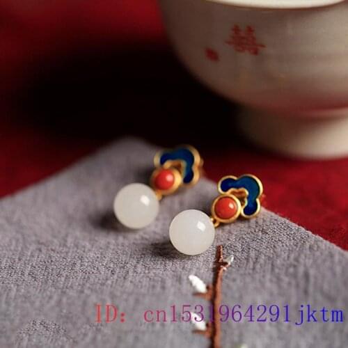 Jade Bead Ear Studs Zircon Chalcedony 925 Silver Crystal Gifts Earring Fashion White Amulet Natural Gemstone Jewelry Women