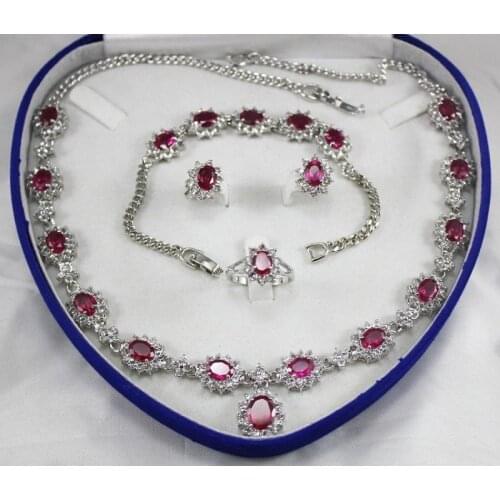 Nobility jewelry choker natural Natural Rose Red zircon necklace 18 "bracelet 7.5" Earring Ring +box Grad Plated