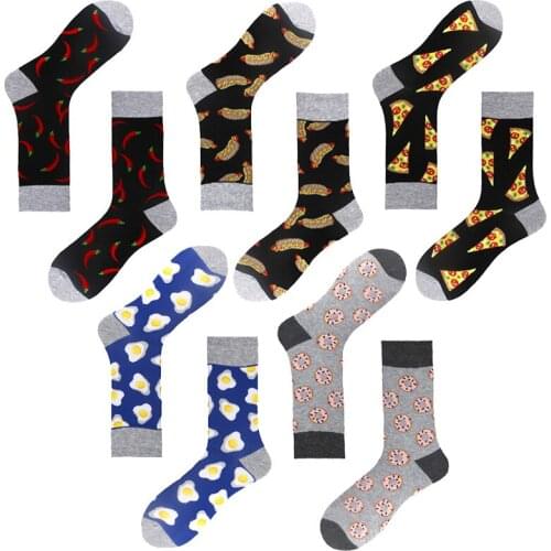 Combed Cotton Mens Socks Pizza Colorful Happy Socks Harajuku Fashion Long Warm Dress Socks Egg donut hamburger pepper chili